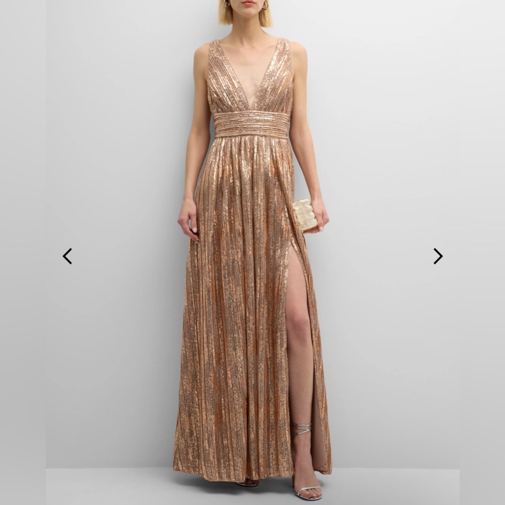 Sleeveless Metallic Rose Gold Deep V Maxi Dress
